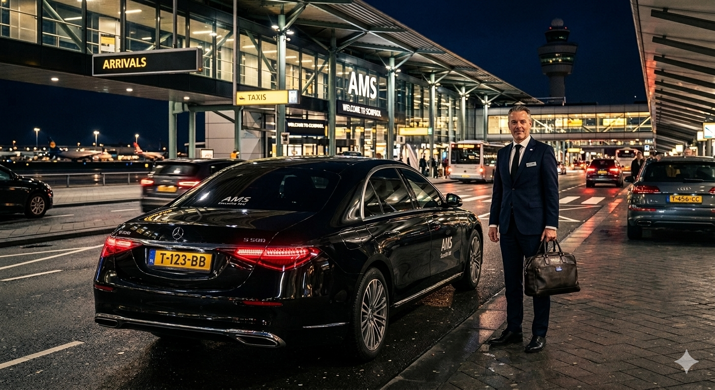 UwTaxiAmsterdam Mercedes at Schiphol at night